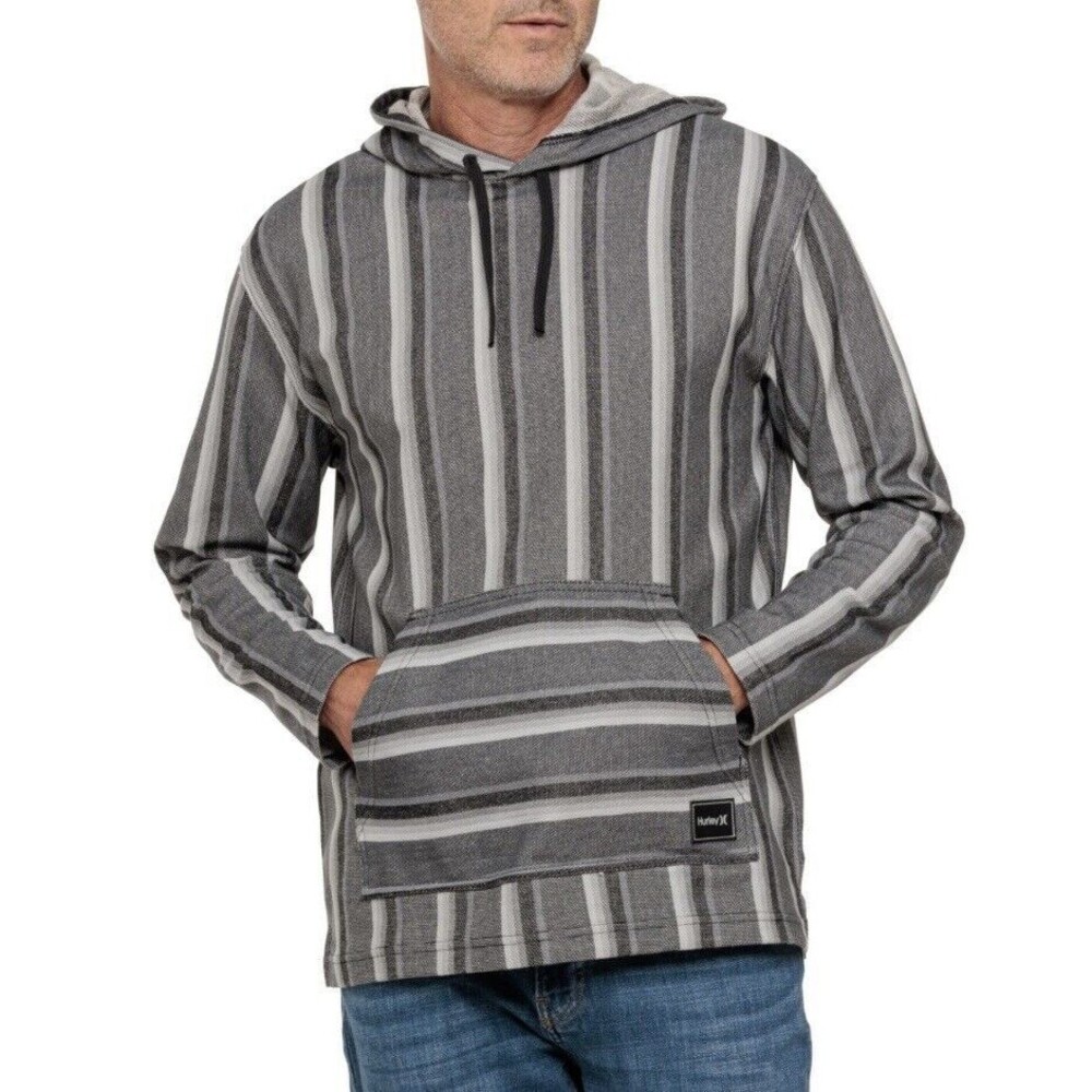 Hurley Men's OG Hooded Poncho Shirt Long Sleeve Surf Gray Black Stripe Size M NW